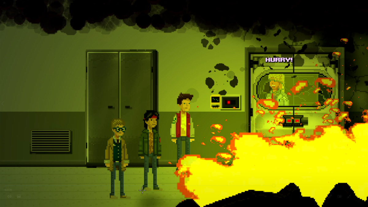 Image of three characters looking at a fire.